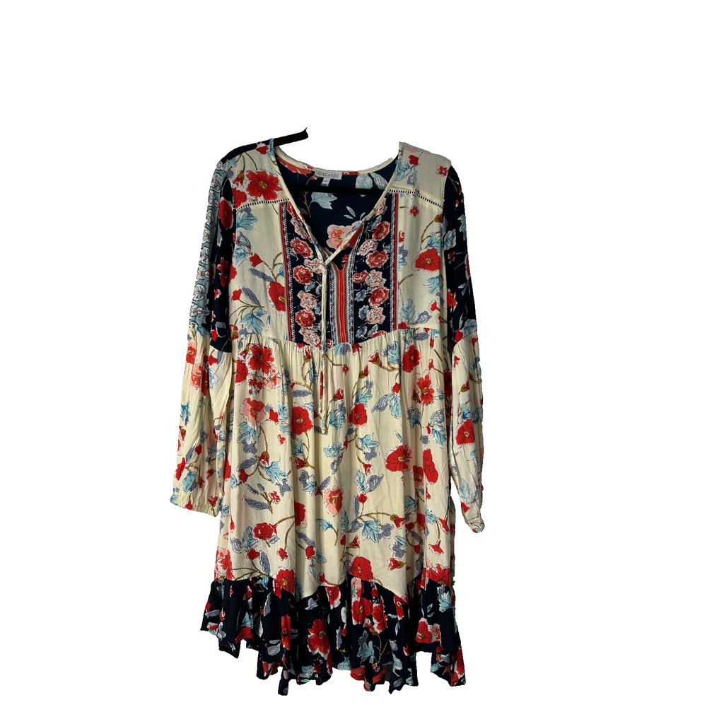 Patrons of Peace Floral Mini Dress Size L Ruffle Tie Neck Festival Boho Hippie